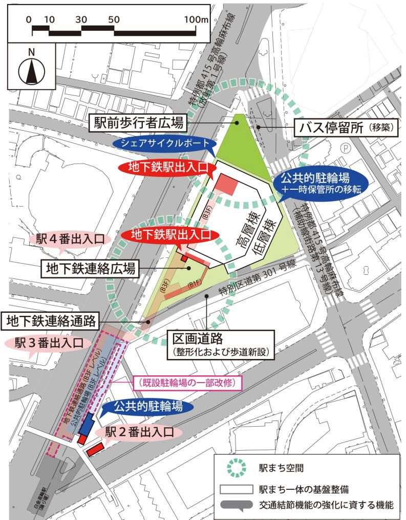白金高輪駅前東地区再開発 都市基盤整備等の取組イメージ
